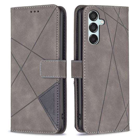 BINFEN COLOR For Samsung Galaxy M15 5G Phone Cases Wallet Stand Geometry Imprinted Leather Cover - Grey