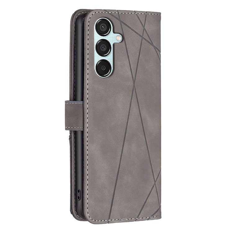 BINFEN COLOR For Samsung Galaxy M15 5G Phone Cases Wallet Stand Geometry Imprinted Leather Cover - Grey