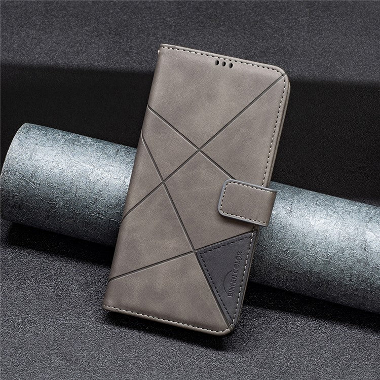 BINFEN COLOR For Samsung Galaxy M15 5G Phone Cases Wallet Stand Geometry Imprinted Leather Cover - Grey