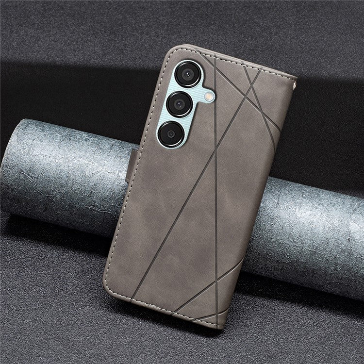 BINFEN COLOR For Samsung Galaxy M15 5G Phone Cases Wallet Stand Geometry Imprinted Leather Cover - Grey
