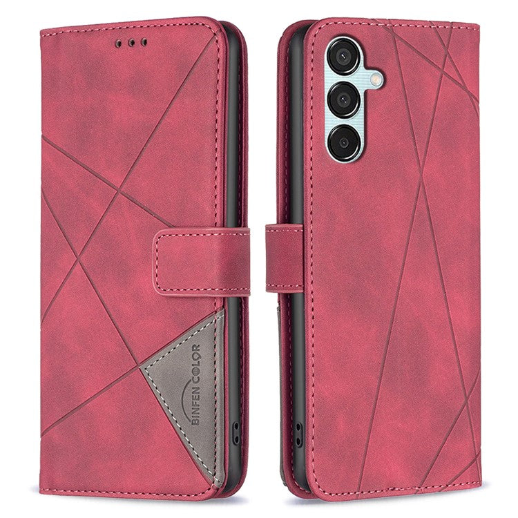 BINFEN COLOR For Samsung Galaxy M15 5G Phone Cases Wallet Stand Geometry Imprinted Leather Cover - Red