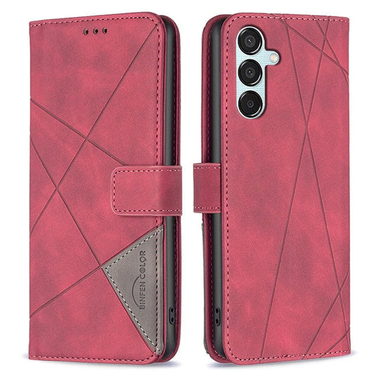 BINFEN COLOR For Samsung Galaxy M15 5G Phone Cases Wallet Stand Geometry Imprinted Leather Cover - Red