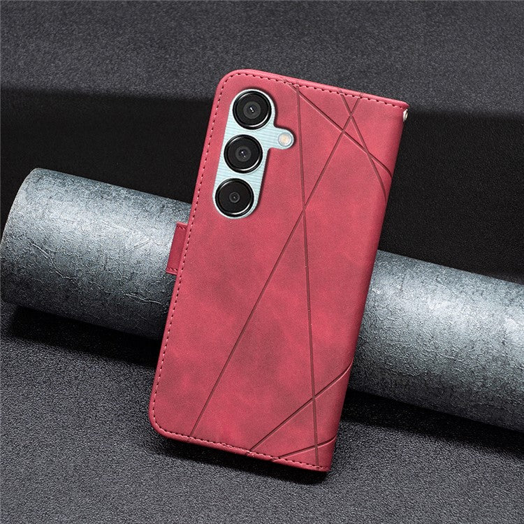 BINFEN COLOR For Samsung Galaxy M15 5G Phone Cases Wallet Stand Geometry Imprinted Leather Cover - Red