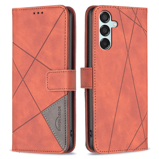BINFEN COLOR For Samsung Galaxy M15 5G Phone Cases Wallet Stand Geometry Imprinted Leather Cover - Brown