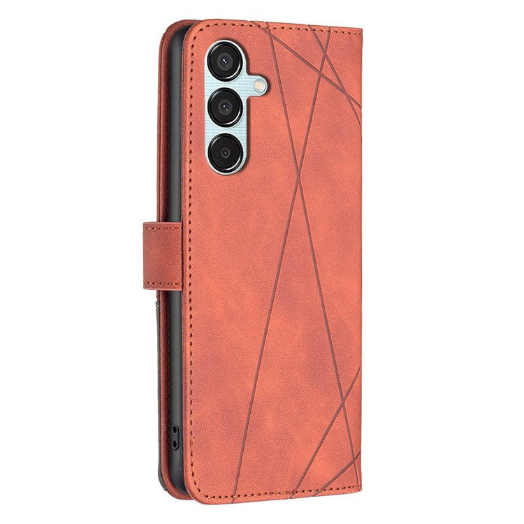 BINFEN COLOR For Samsung Galaxy M15 5G Phone Cases Wallet Stand Geometry Imprinted Leather Cover - Brown