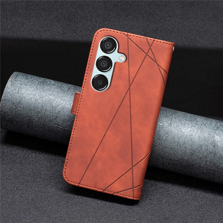 BINFEN COLOR For Samsung Galaxy M15 5G Phone Cases Wallet Stand Geometry Imprinted Leather Cover - Brown
