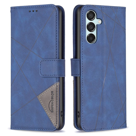 BINFEN COLOR For Samsung Galaxy M15 5G Phone Cases Wallet Stand Geometry Imprinted Leather Cover - Blue
