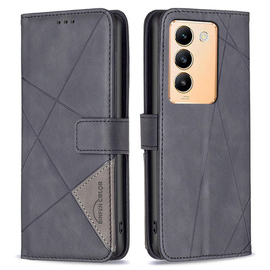 BINFEN COLOR BF05 For vivo Y200e 5G Wallet Case Geometric Imprinted Cell Phone Cover - Black