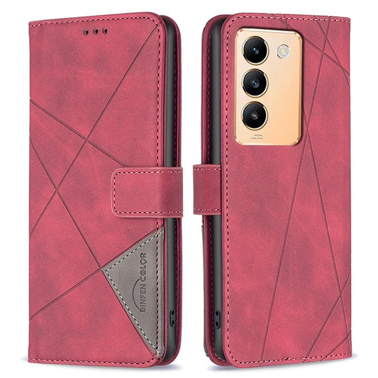 BINFEN COLOR BF05 For vivo Y200e 5G Wallet Case Geometric Imprinted Cell Phone Cover - Red