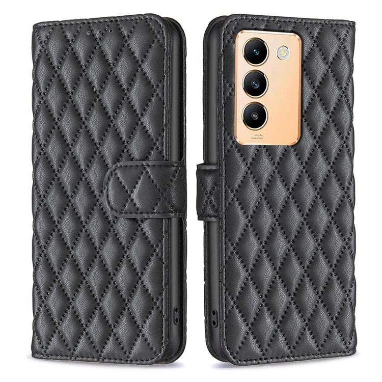 BINFEN COLOR BF Style-14 For vivo Y200e 5G Case PU Leather Imprinted Rhombus Phone Cover - Black