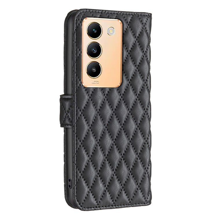 BINFEN COLOR BF Style-14 For vivo Y200e 5G Case PU Leather Imprinted Rhombus Phone Cover - Black