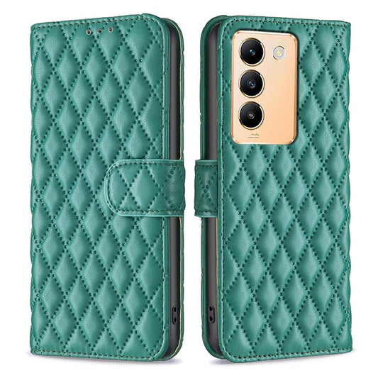 BINFEN COLOR BF Style-14 For vivo Y200e 5G Case PU Leather Imprinted Rhombus Phone Cover - Green