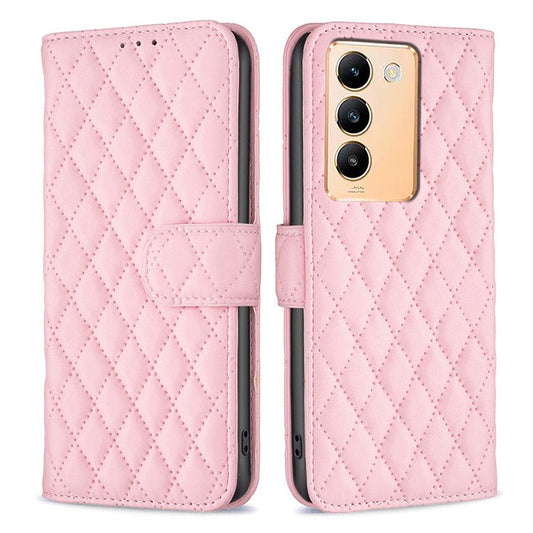 BINFEN COLOR BF Style-14 For vivo Y200e 5G Case PU Leather Imprinted Rhombus Phone Cover - Pink