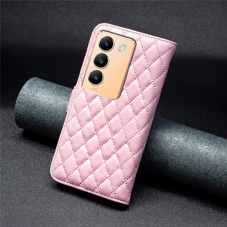 BINFEN COLOR BF Style-14 For vivo Y200e 5G Case PU Leather Imprinted Rhombus Phone Cover - Pink