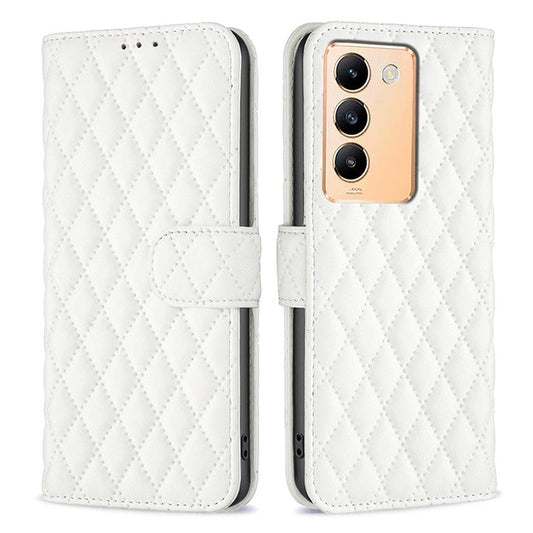 BINFEN COLOR BF Style-14 For vivo Y200e 5G Case PU Leather Imprinted Rhombus Phone Cover - White