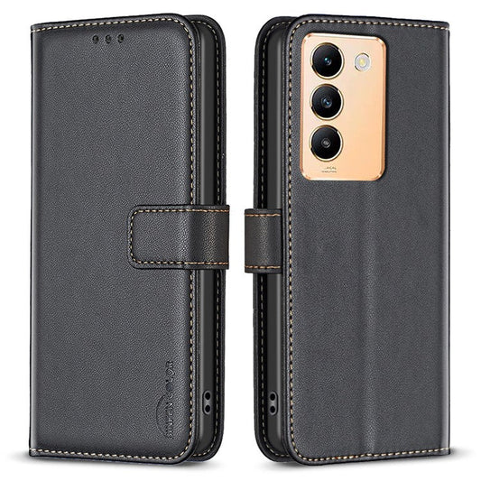 BINFEN COLOR BF17 For vivo Y200e 5G Wallet Case Magnetic Closing Card Slots Phone Cover - Black