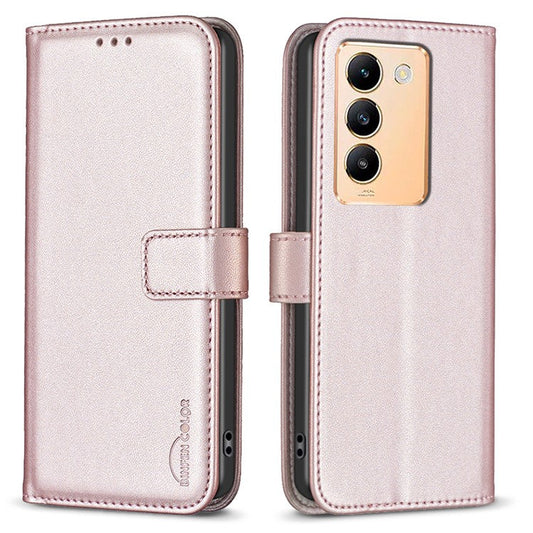 BINFEN COLOR BF17 For vivo Y200e 5G Wallet Case Magnetic Closing Card Slots Phone Cover - Rose Gold