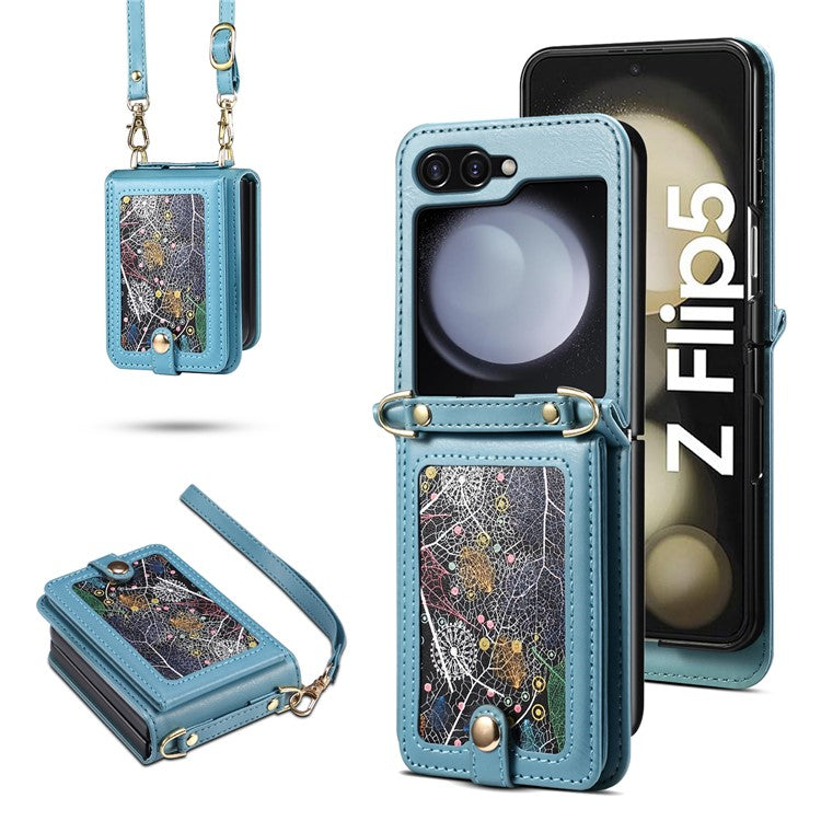 For Samsung Galaxy Z Flip5 5G Case PU Leather+PC Interstellar Pattern Phone Cover with Straps - Blue