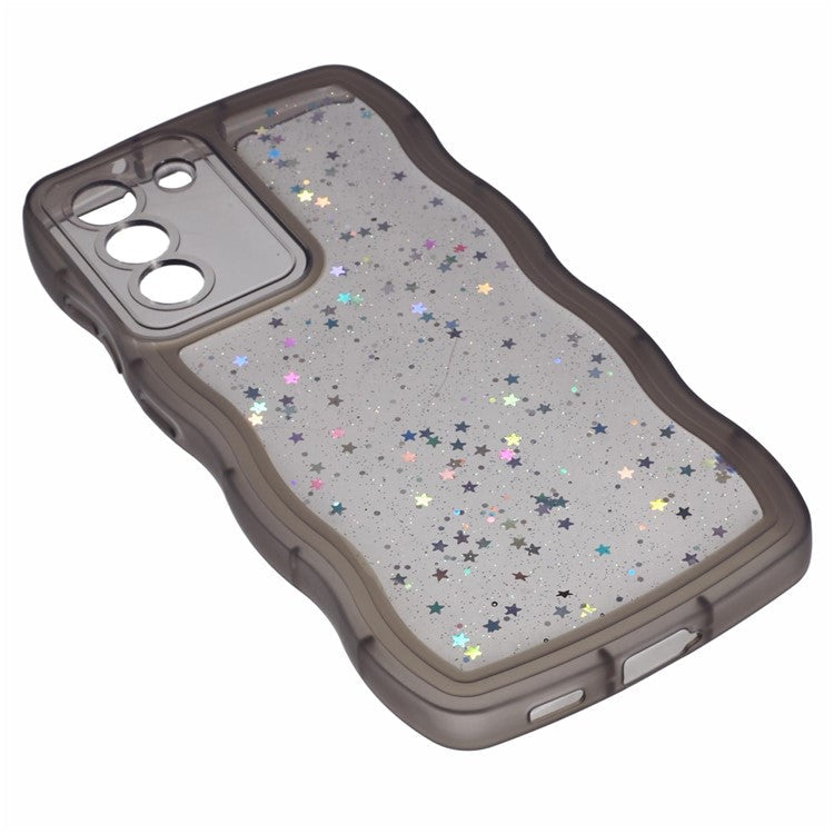 JTW Series for Samsung Galaxy S21 FE 5G Case Wave Frame Curly Shape TPU Epoxy Phone Cover - Transparent Black