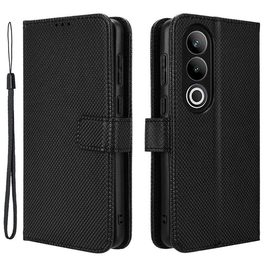 For OnePlus Ace 3V 5G Case Diamond Texture Folio Stand Phone Cover with Wrist Strap - Black