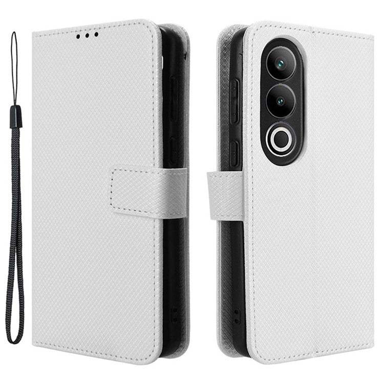 For OnePlus Ace 3V 5G Case Diamond Texture Folio Stand Phone Cover with Wrist Strap - White