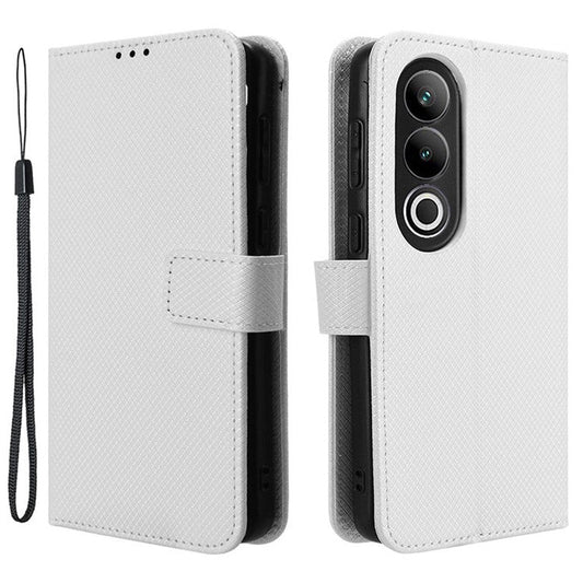 For OnePlus Ace 3V 5G Case Diamond Texture Folio Stand Phone Cover with Wrist Strap - White