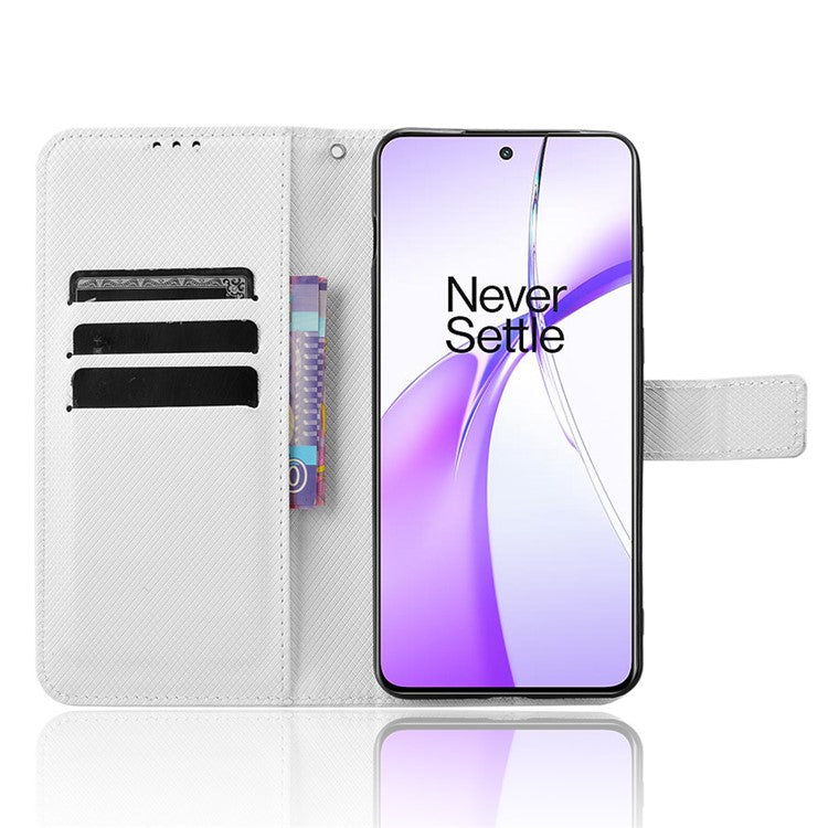 For OnePlus Ace 3V 5G Case Diamond Texture Folio Stand Phone Cover with Wrist Strap - White