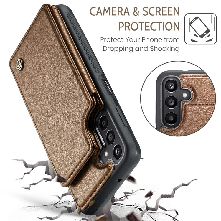 CASEME C22 Series For Samsung Galaxy A15 4G / 5G Case Leather RFID Blocking 5 Card Slots Kickstand Back Cover - Brown