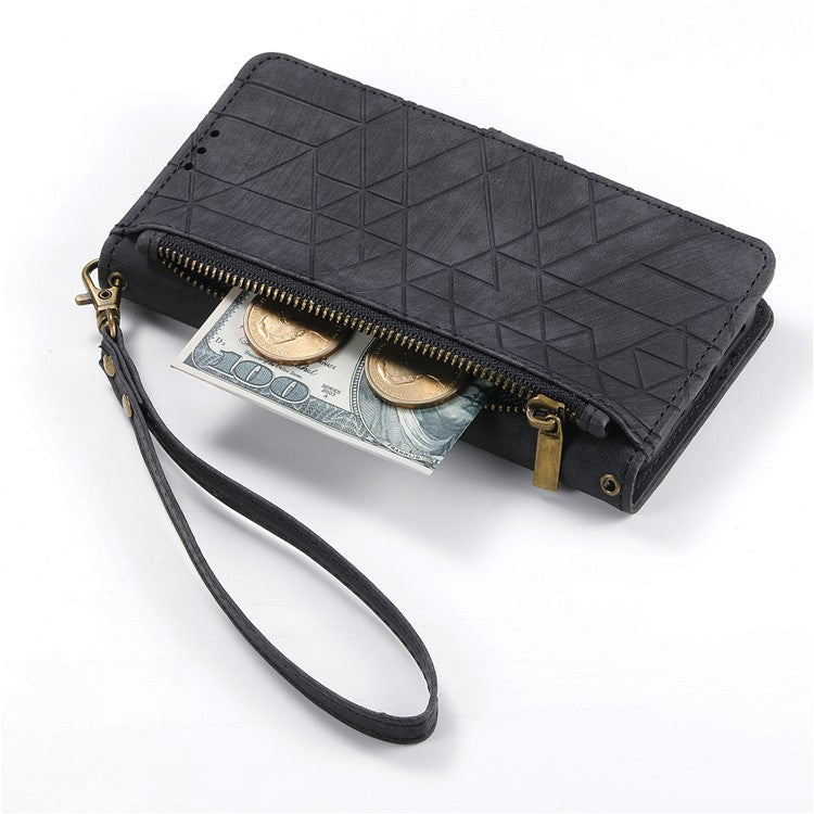 For OnePlus 12 5G Case Geometry Leather Wallet Phone Cover Zipper Handbag - Black