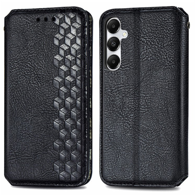For Samsung Galaxy A55 5G Cell Phone Case Rhombus Imprinted Leather Wallet Stand Cover - Black