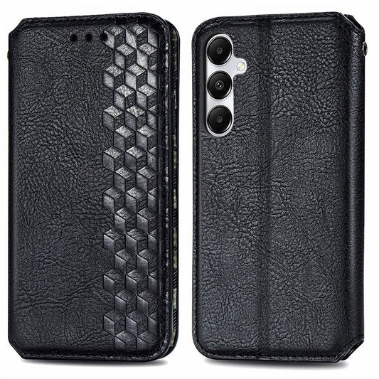 For Samsung Galaxy A55 5G Cell Phone Case Rhombus Imprinted Leather Wallet Stand Cover - Black