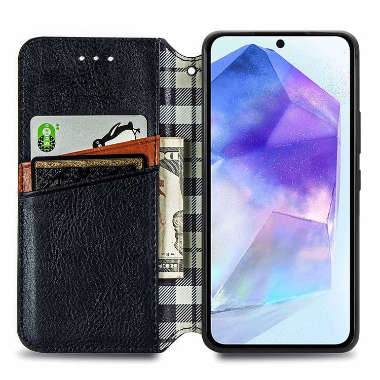 For Samsung Galaxy A55 5G Cell Phone Case Rhombus Imprinted Leather Wallet Stand Cover - Black