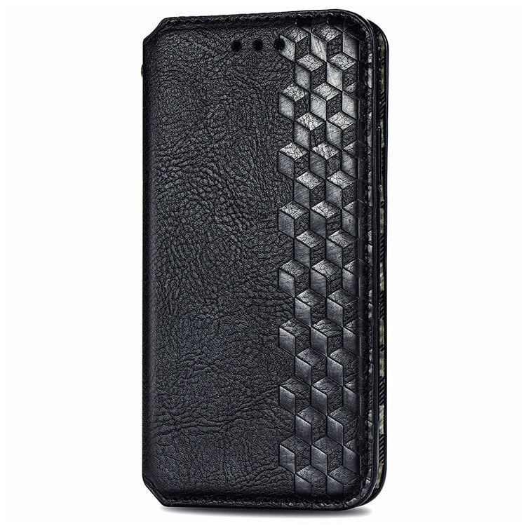For Samsung Galaxy A55 5G Cell Phone Case Rhombus Imprinted Leather Wallet Stand Cover - Black