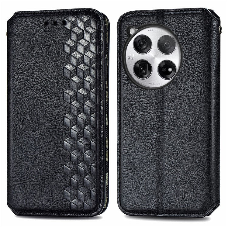 For OnePlus 12 5G Wallet Phone Cover Imprinted Rhombus Leather Flip Case - Black