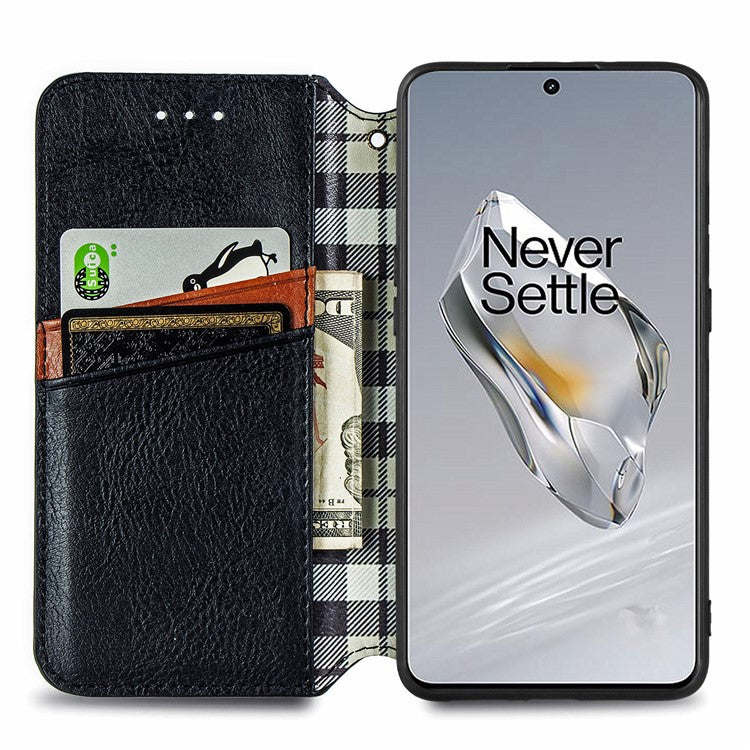 For OnePlus 12 5G Wallet Phone Cover Imprinted Rhombus Leather Flip Case - Black