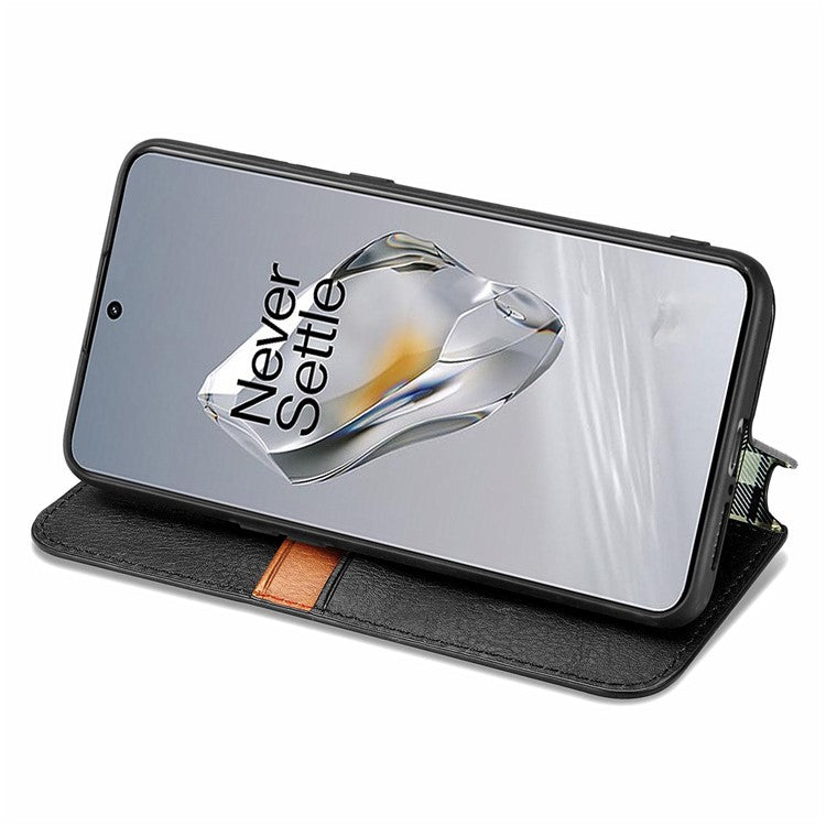 For OnePlus 12 5G Wallet Phone Cover Imprinted Rhombus Leather Flip Case - Black