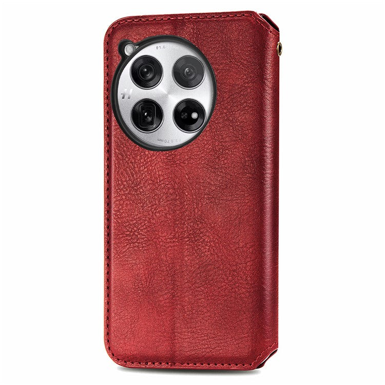 For OnePlus 12 5G Wallet Phone Cover Imprinted Rhombus Leather Flip Case - Red