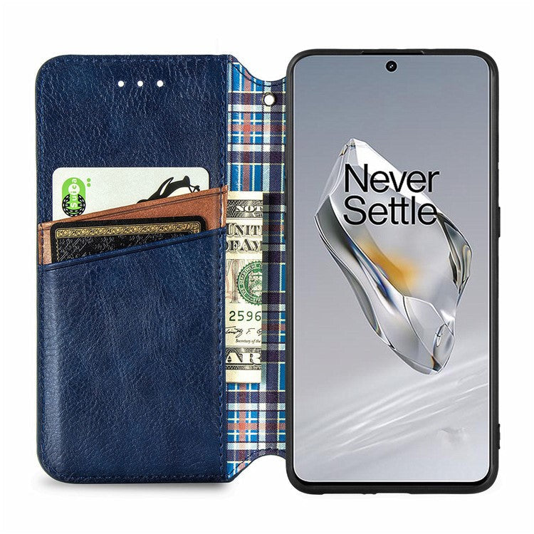 For OnePlus 12 5G Wallet Phone Cover Imprinted Rhombus Leather Flip Case - Blue