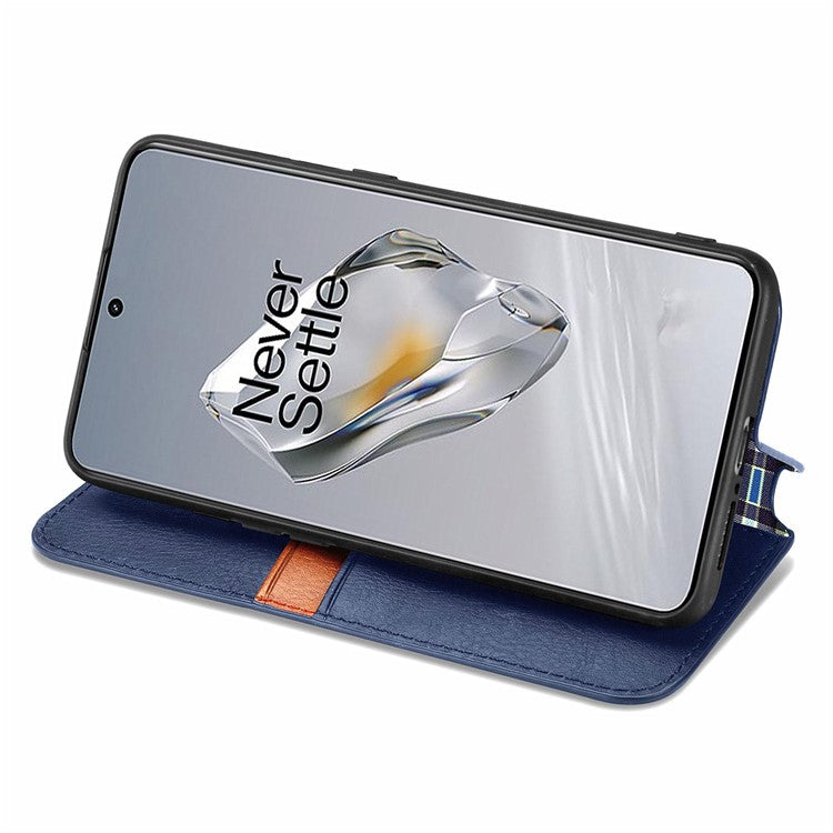 For OnePlus 12 5G Wallet Phone Cover Imprinted Rhombus Leather Flip Case - Blue