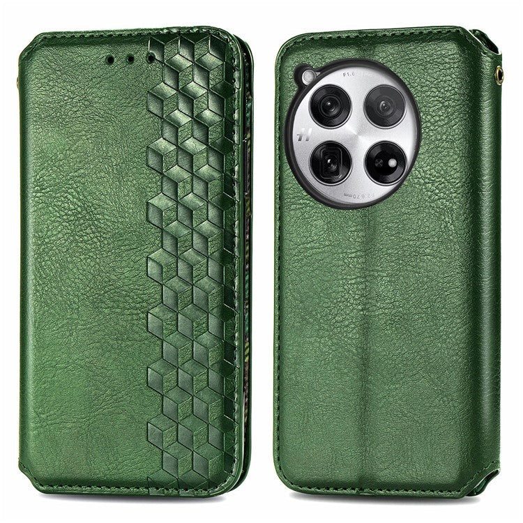 For OnePlus 12 5G Wallet Phone Cover Imprinted Rhombus Leather Flip Case - Green