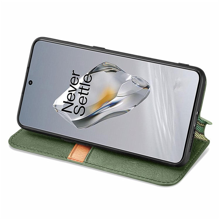 For OnePlus 12 5G Wallet Phone Cover Imprinted Rhombus Leather Flip Case - Green