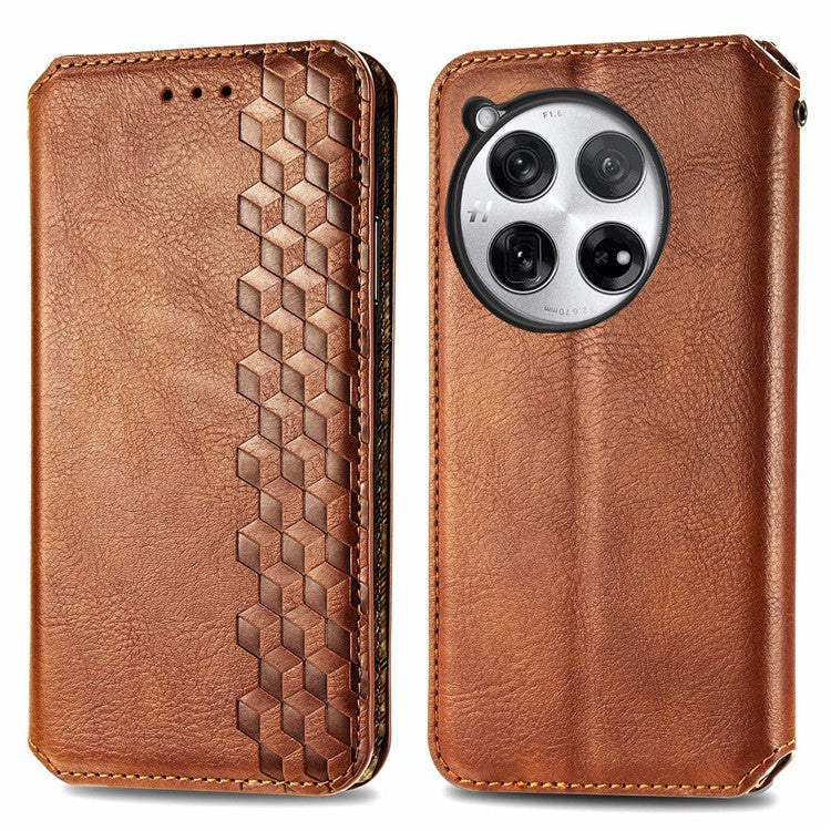 For OnePlus 12 5G Wallet Phone Cover Imprinted Rhombus Leather Flip Case - Brown