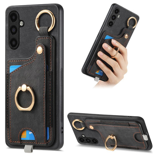 For Samsung Galaxy A34 5G Kickstand Case Card Holder PU + TPU Phone Cover - Black