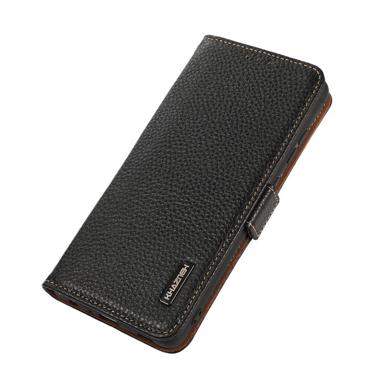 KHAZNEH For OnePlus Nord CE4 5G RFID Blocking Case Genuine Cow Leather Phone Cover - Black