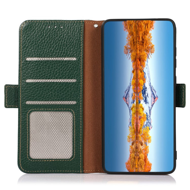 KHAZNEH For OnePlus Nord CE4 5G RFID Blocking Case Genuine Cow Leather Phone Cover - Green