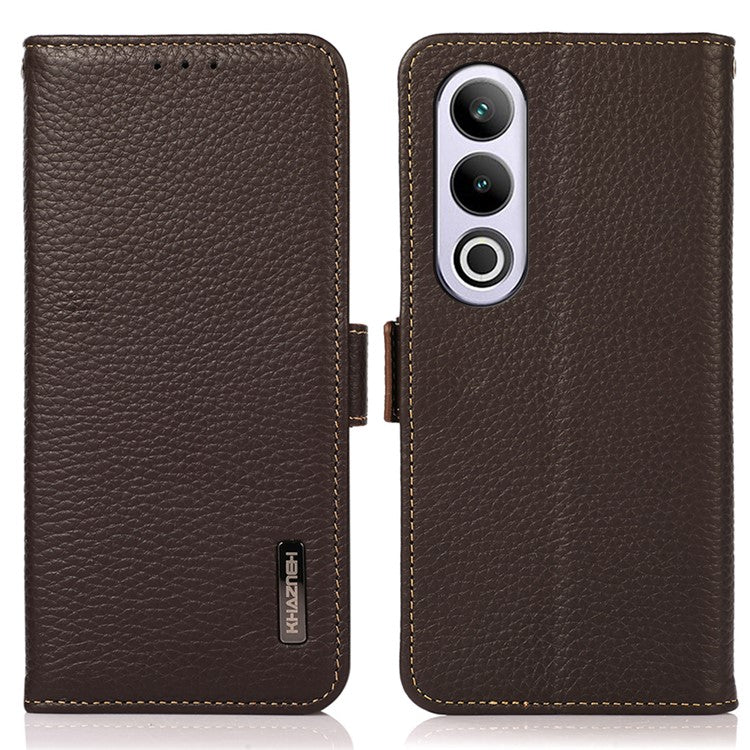 KHAZNEH For OnePlus Nord CE4 5G RFID Blocking Case Genuine Cow Leather Phone Cover - Brown