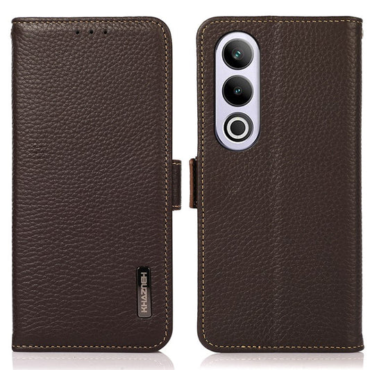 KHAZNEH For OnePlus Nord CE4 5G RFID Blocking Case Genuine Cow Leather Phone Cover - Brown