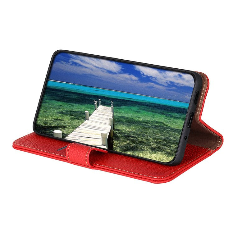 KHAZNEH For OnePlus Nord CE4 5G Phone Stand Case Support Stand Genuine Cow Leather Phone Cover - Red