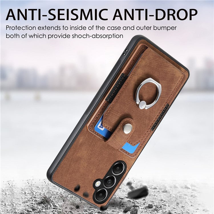 D2 For Samsung Galaxy A25 5G (Global) (161.0 x 76.5 x 8.3mm) Ring Kickstand TPU+PU Leather Anti-drop Phone Case - Brown