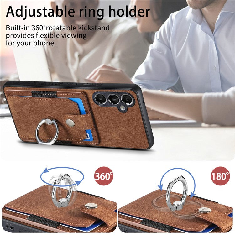 D2 For Samsung Galaxy A25 5G (Global) (161.0 x 76.5 x 8.3mm) Ring Kickstand TPU+PU Leather Anti-drop Phone Case - Brown
